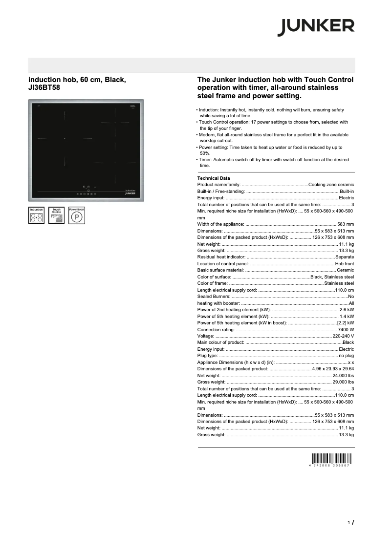 Page n°1 - Fiche technique Junker JI36BT58