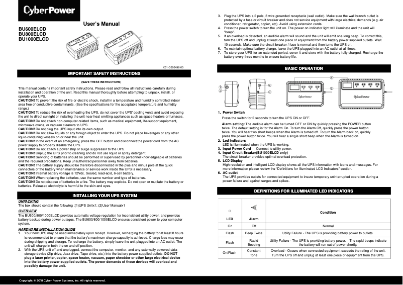 Page 1 de la notice Manuel utilisateur CyberPower BU1000ELCD