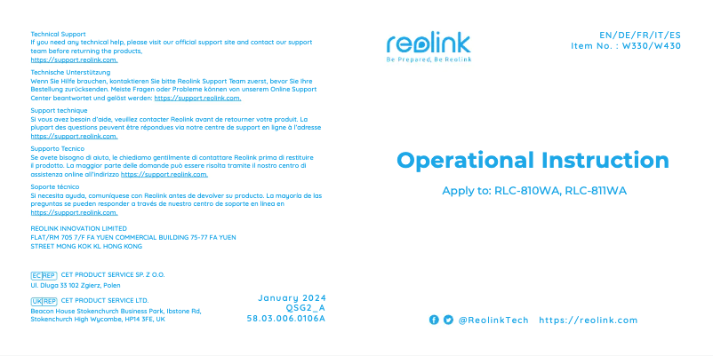 Page 1 de la notice Manuel utilisateur Reolink RLC-811WA