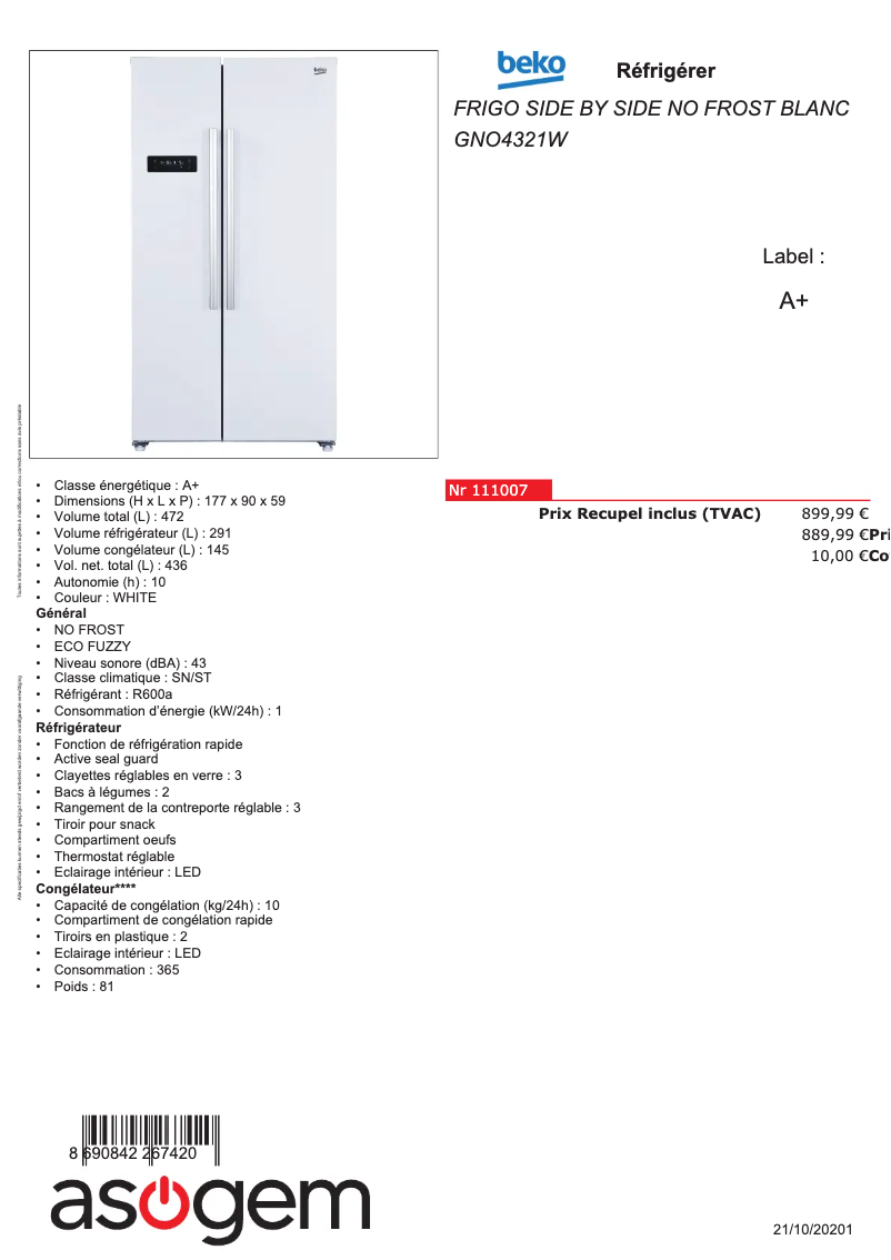 Page n°1 - Fiche technique Beko GNO4321W