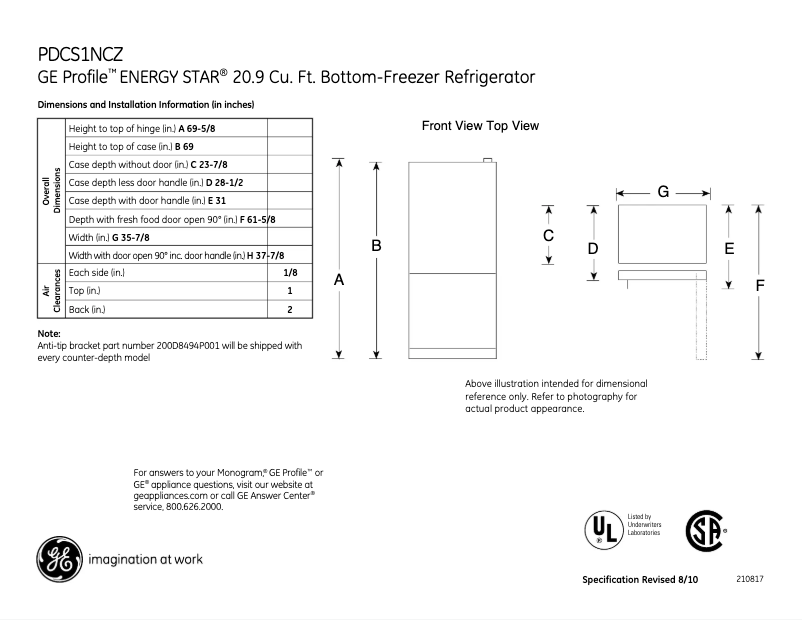 Page n°1 - Fiche technique GE Profile PDCS1NCZRSS