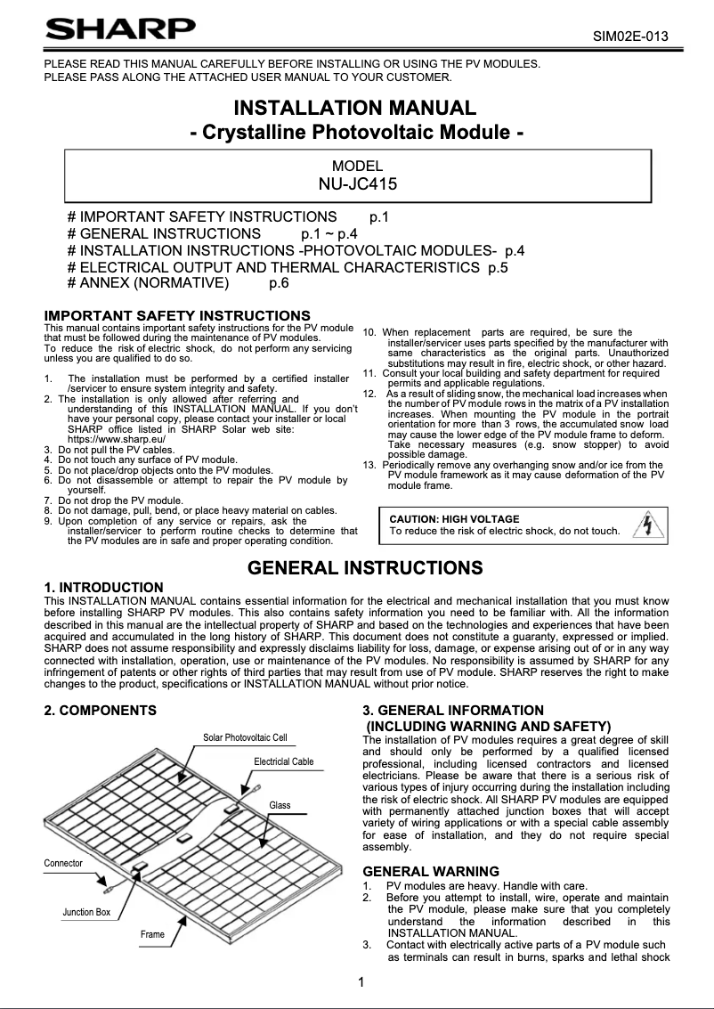Page 1 de la notice Manuel utilisateur Sharp NU-JC415