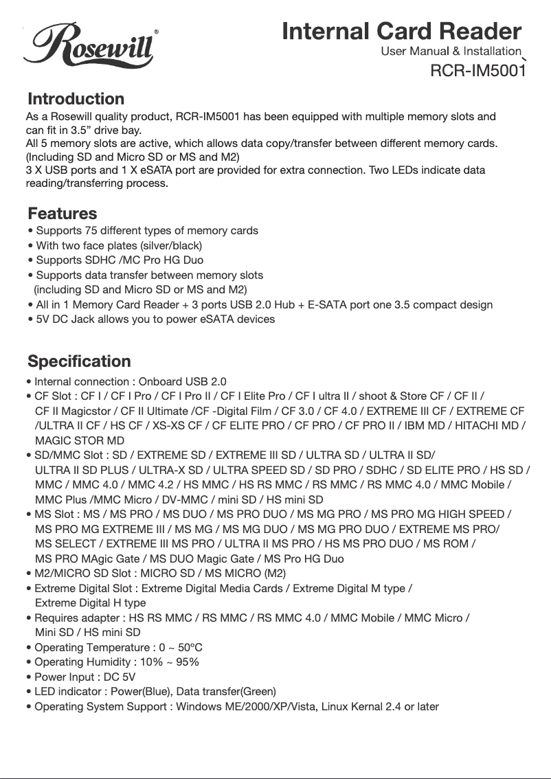 Page 1 de la notice Manuel utilisateur Rosewill RCR-IM5001