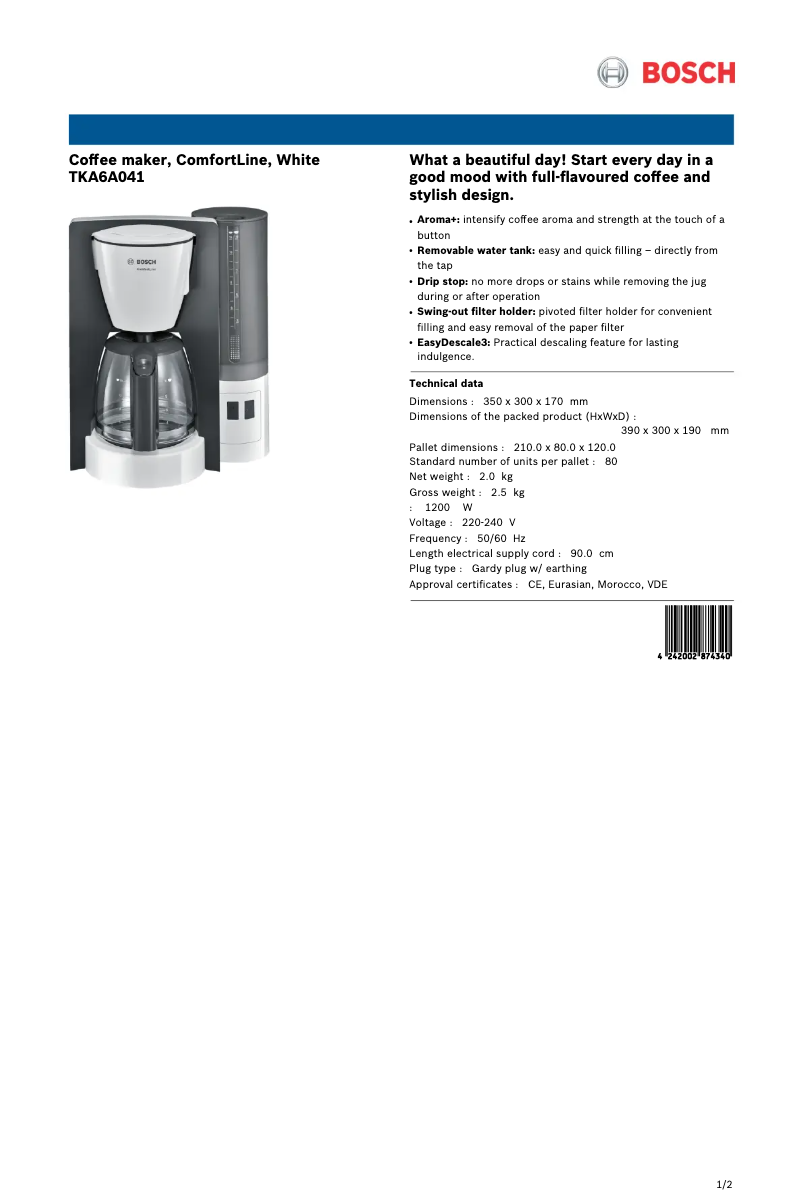 Page 1 de la notice Fiche technique Bosch ComfortLine TKA6A041