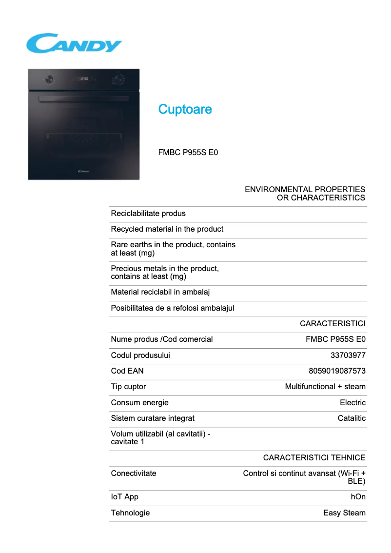 Page 1 de la notice Fiche technique Candy FMBC P955S E0