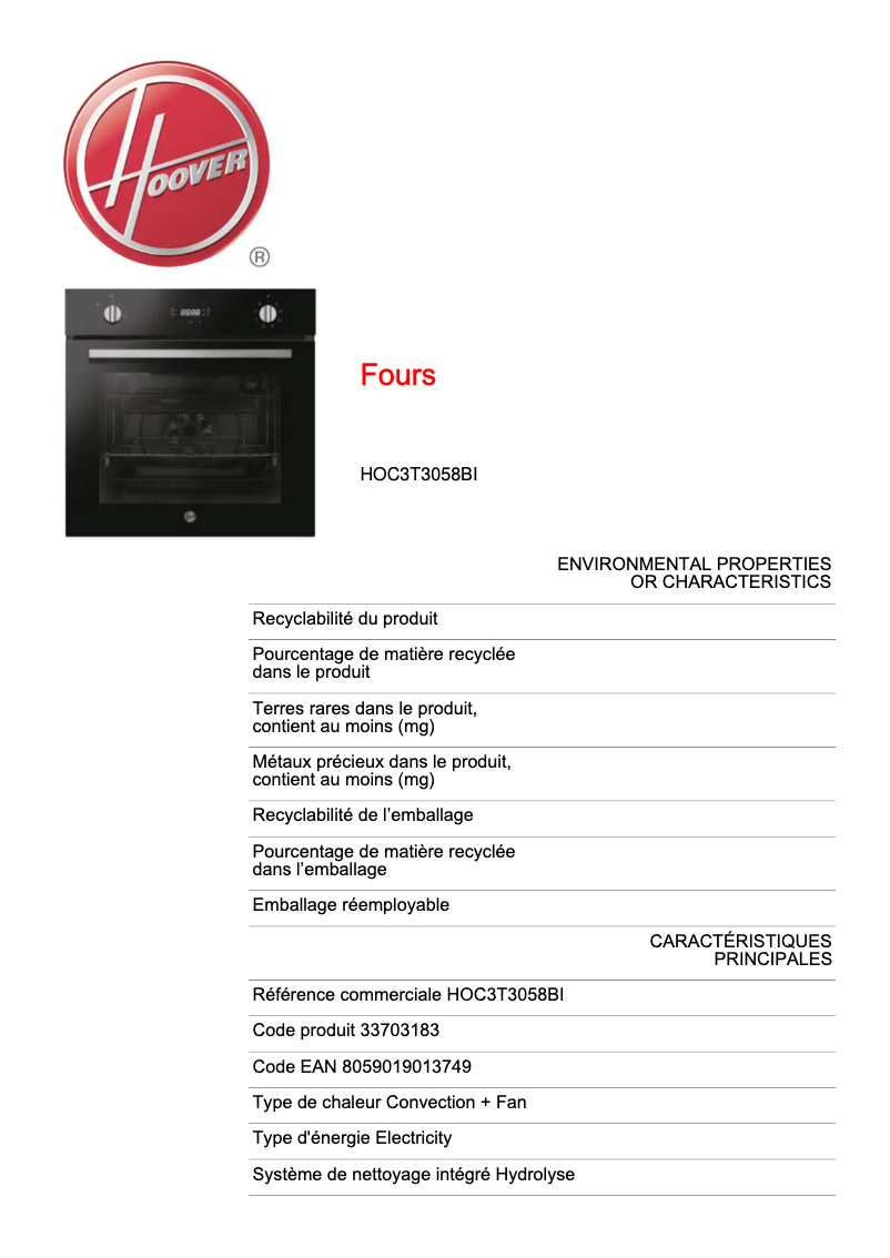 Page n°1 - Fiche technique Hoover H-OVEN 300 HOC3T3058BI
