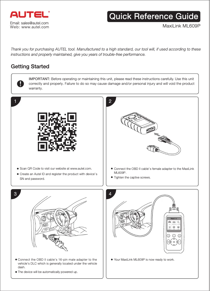 Page 1 de la notice Guide de démarrage rapide Autel MaxiLink ML609P