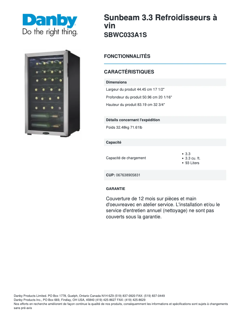 Page n°1 - Manuel utilisateur Danby SBWC033A1S