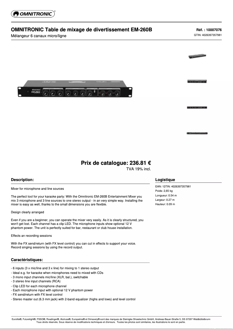 Page 1 de la notice Fiche technique Omnitronic EM-260B