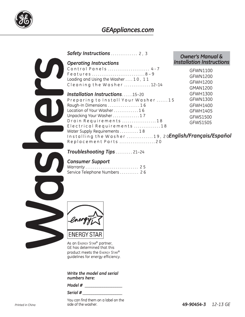Page n°1 - Manuel d'utilisation et d'entretien GE GFWS1500DWW