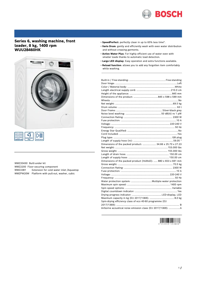 Page n°1 - Fiche technique Bosch WUU28460HK