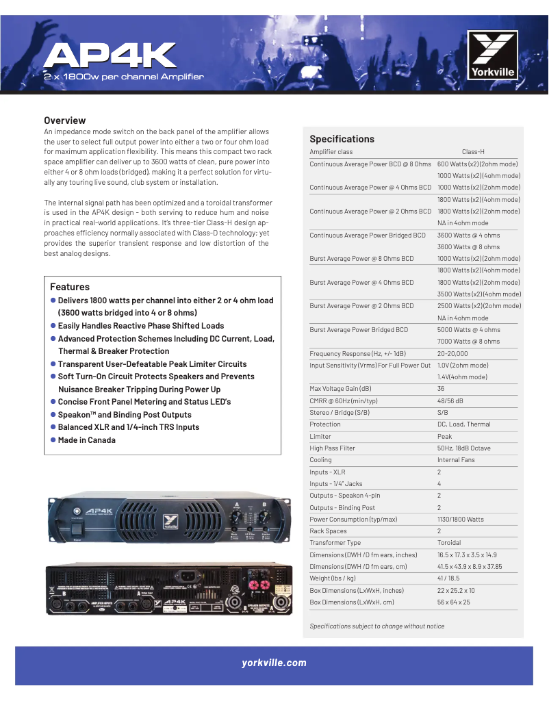 Página 1 del manual Ficha técnica Yorkville AP4K