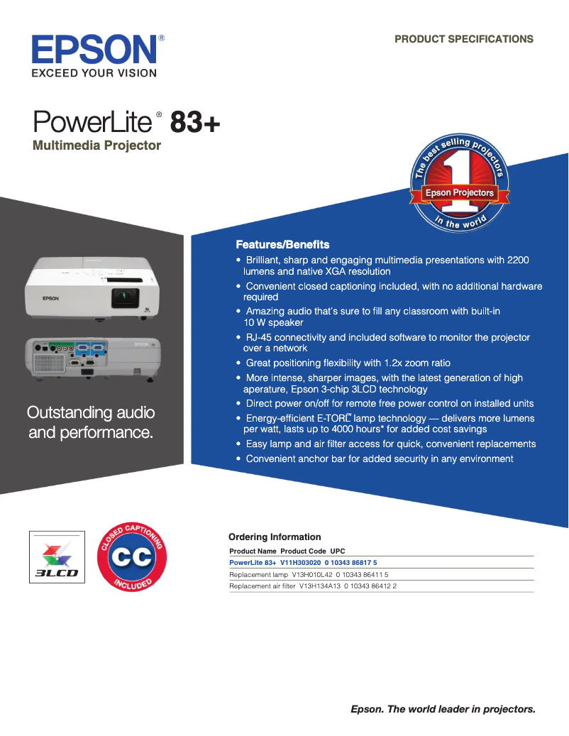 Page 1 de la notice Brochure Epson PowerLite 83+