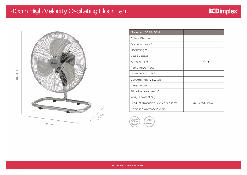 Page 1 de la notice Fiche technique Dimplex DCFF40CH