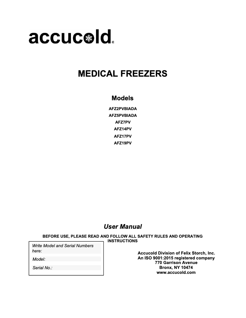 Page 1 de la notice Manuel utilisateur Accucold AFZ1PV