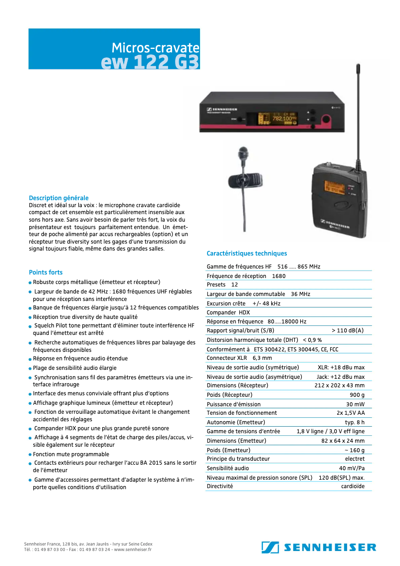 Page 1 de la notice Fiche technique Sennheiser ew 122 G3