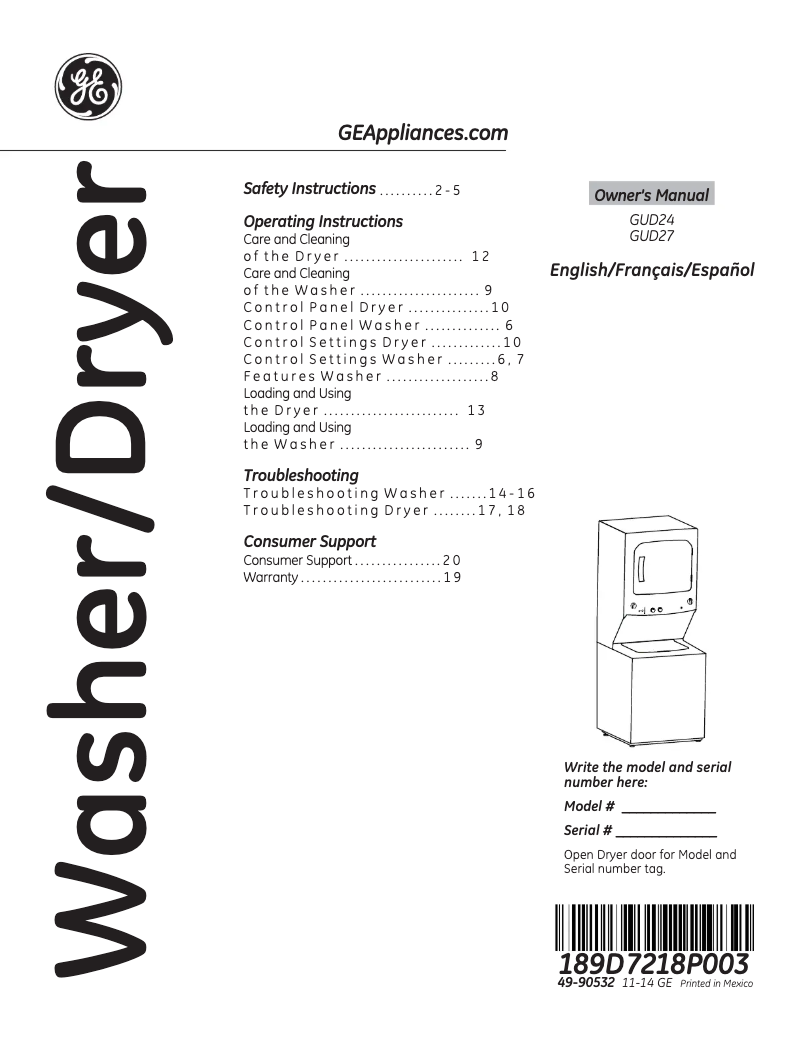 Image de la première page du manuel de l'appareil Spacemaker GUD27ESSJWW