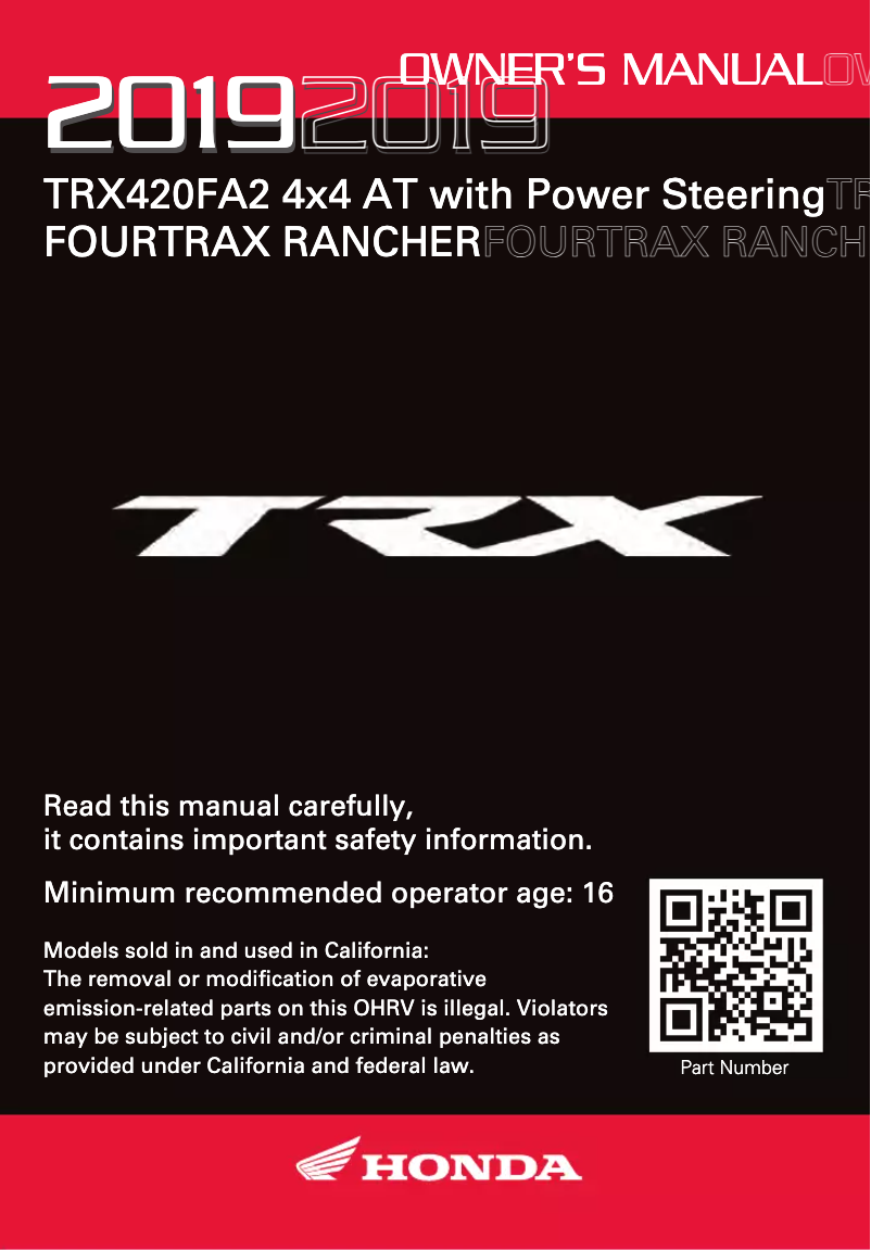 Page 1 de la notice Manuel utilisateur Honda FourTrax Rancher TRX420FA2 (2019)