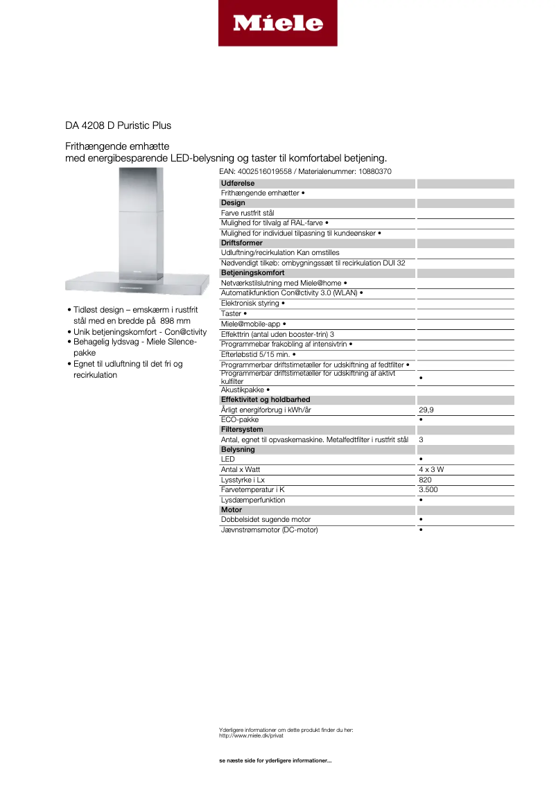 Page 1 de la notice Fiche technique Miele DA 4208 D Puristic Plus