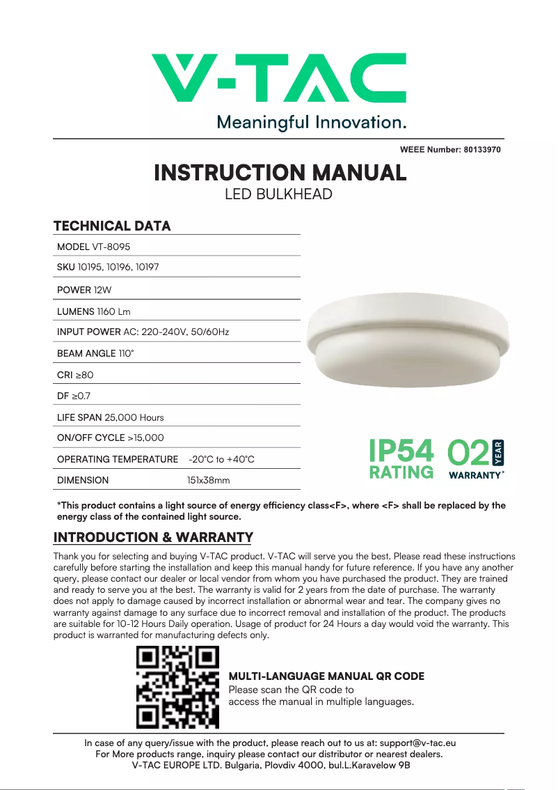 Page 1 de la notice Manuel utilisateur V-TAC VT-8095