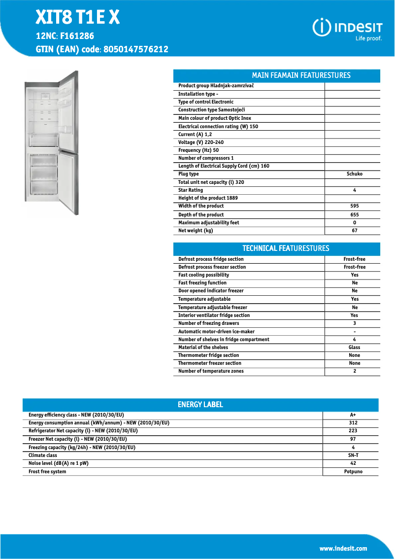 Page 1 de la notice Fiche technique Indesit XIT8 T1E X