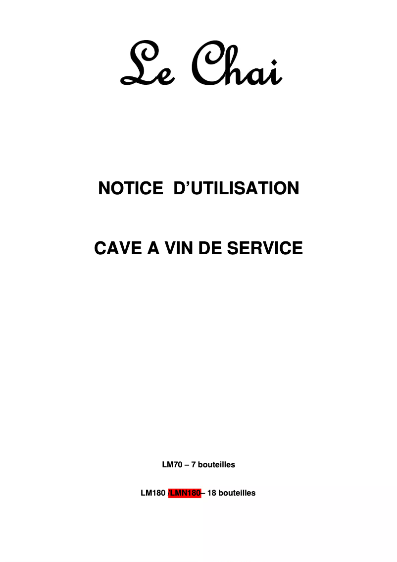 Page 1 de la notice Manuel utilisateur Le Chai LM180