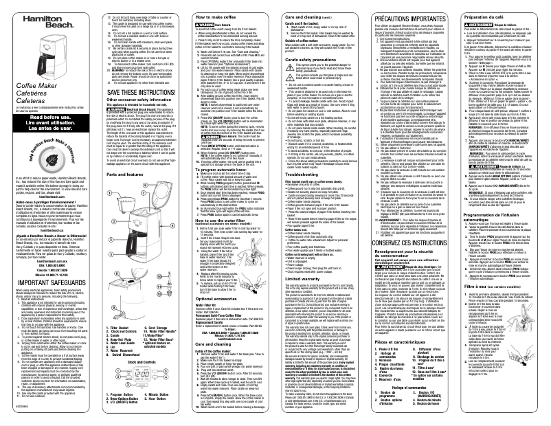 Page 1 de la notice Manuel d'utilisation et d'entretien Hamilton Beach Ensemble 43253R