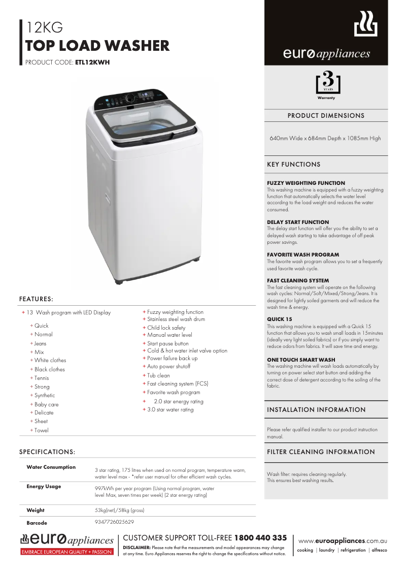 Page n°1 - Fiche technique Euro Appliances ETL12KWH