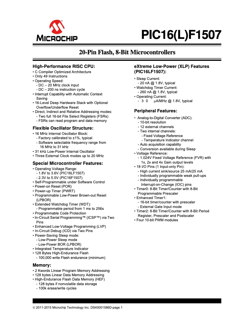 Page 1 de la notice Fiche technique Microchip PIC16F1507