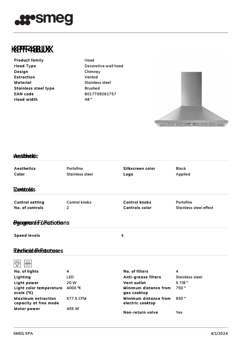 Page n°1 - Fiche technique Smeg KPF48UX