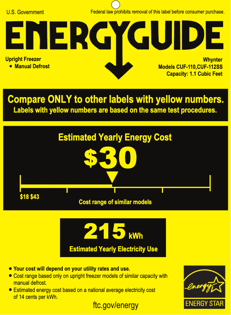 Page 1 de la notice Label énergétique Whynter CUF-112SS