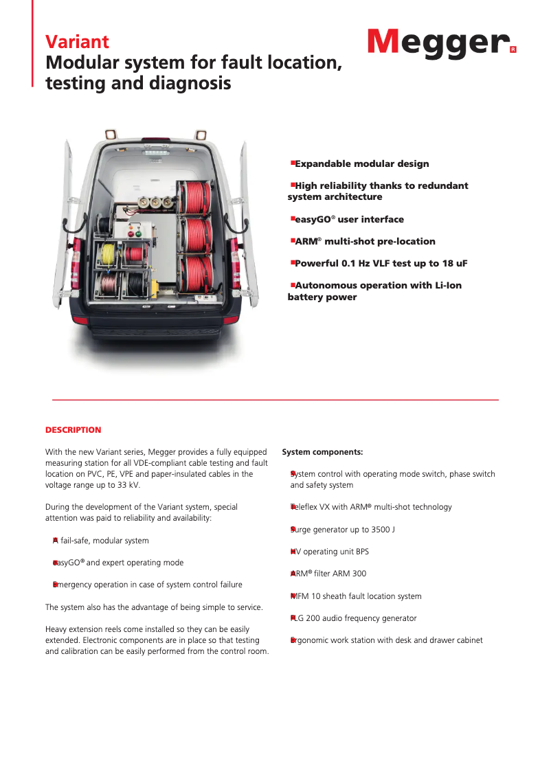 Page 1 de la notice Fiche technique Megger Variant3