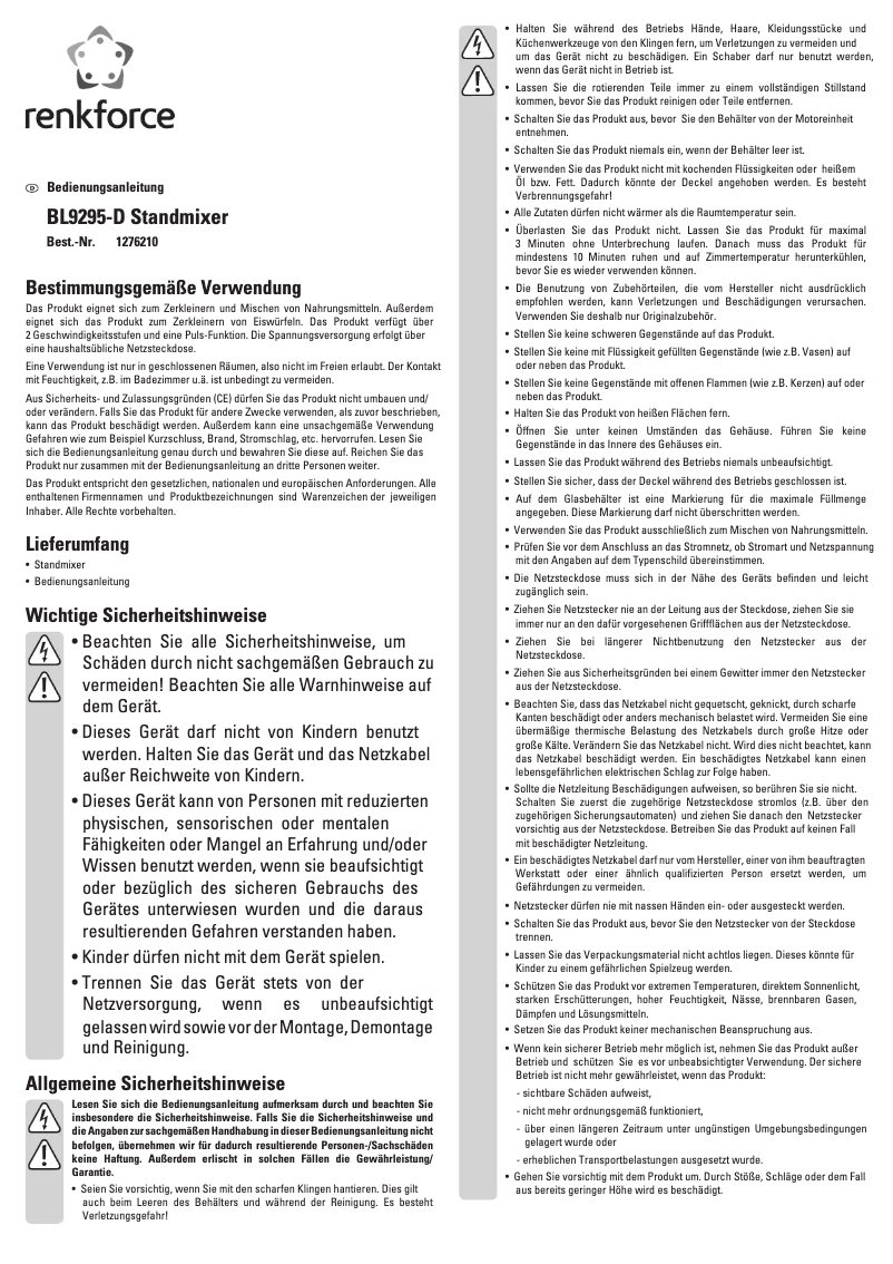 Página 1 del manual Manual de usuario Renkforce BL9295-D