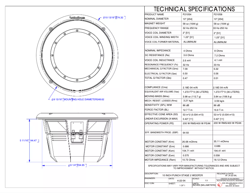 Page 1 de la notice Fiche technique Rockford Fosgate Punch P212S8