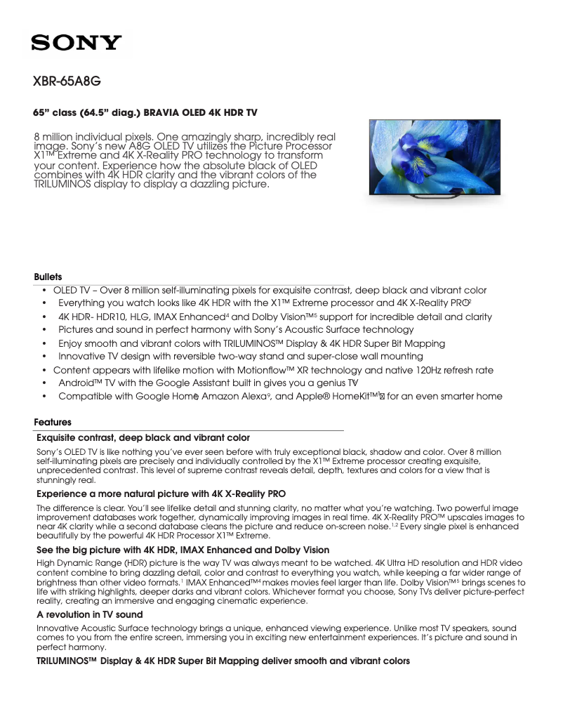 Image de la première page du manuel de l'appareil XBR-65A8G