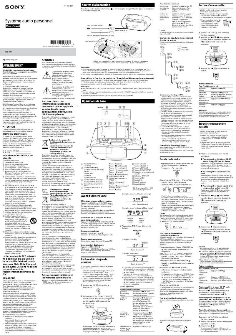 Page 1 de la notice Manuel utilisateur Sony CFD-S50