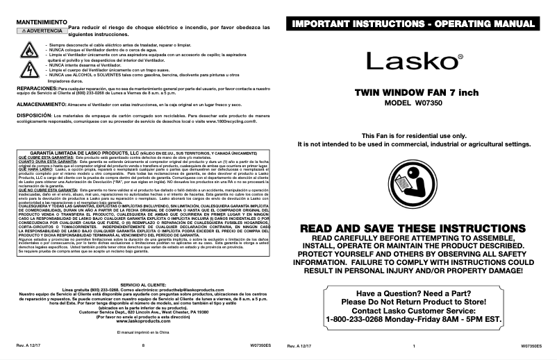 Page 1 of the manual User Manual Lasko W07350
