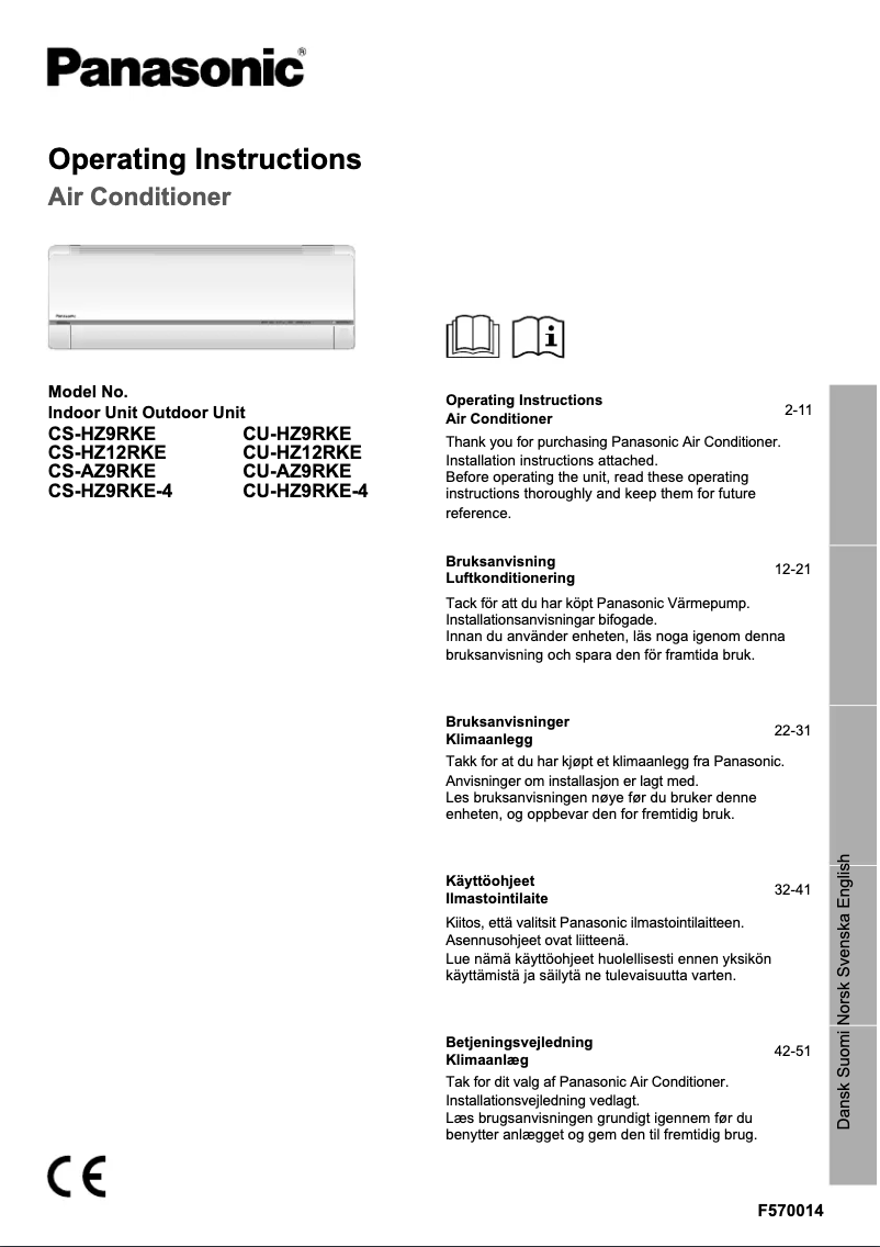 Page 1 de la notice Manuel utilisateur Panasonic CS-AZ9RKE