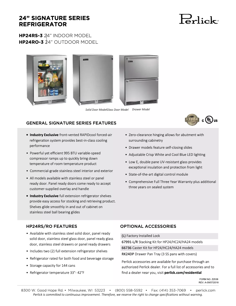 Página 1 del manual Ficha técnica Perlick Signature Series HP24RS-3-1L