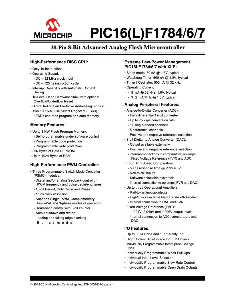 Page 1 de la notice Fiche technique Microchip PIC16F1787