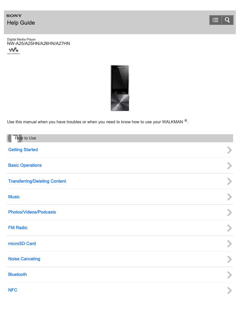 Page 1 de la notice Manuel utilisateur Sony NW-A25