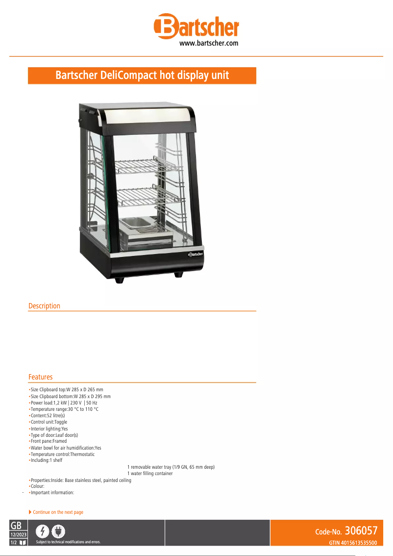 Page 1 de la notice Fiche technique Bartscher Deli Compact 306057