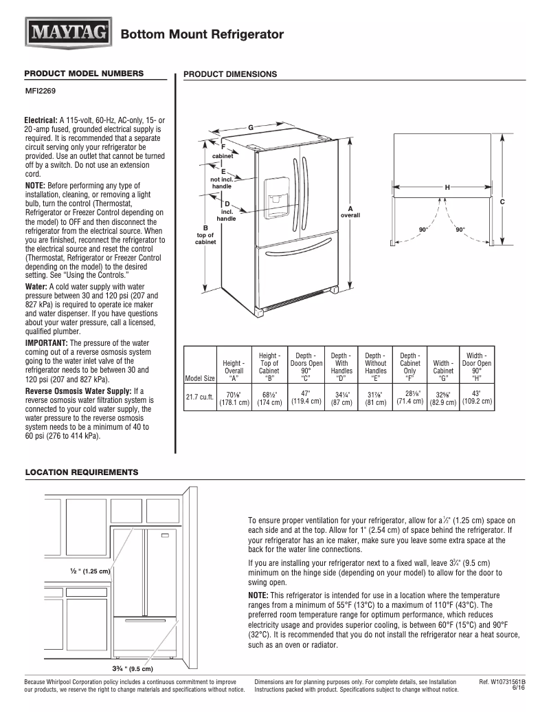 Page 1 de la notice Fiche technique Maytag MFI2269FRB