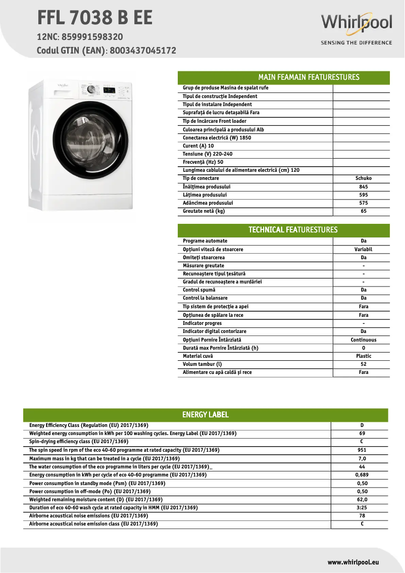 Página 1 del manual Ficha técnica Whirlpool FFL 7038 B EE