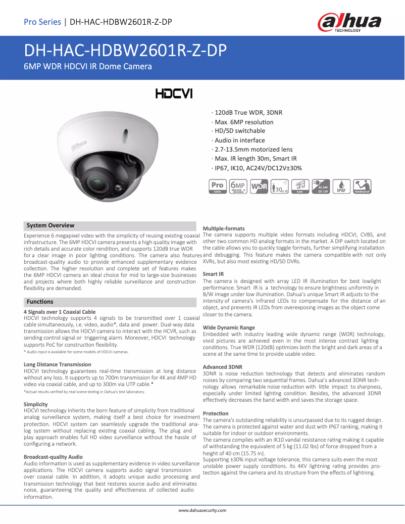Page 1 de la notice Fiche technique Dahua Technology HAC-HDBW2601R-Z-DP