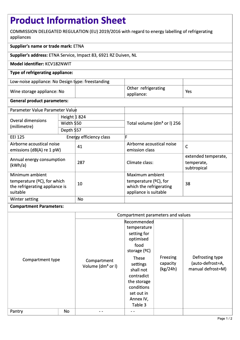 Page 1 de la notice Fiche technique Etna KCV182NWIT
