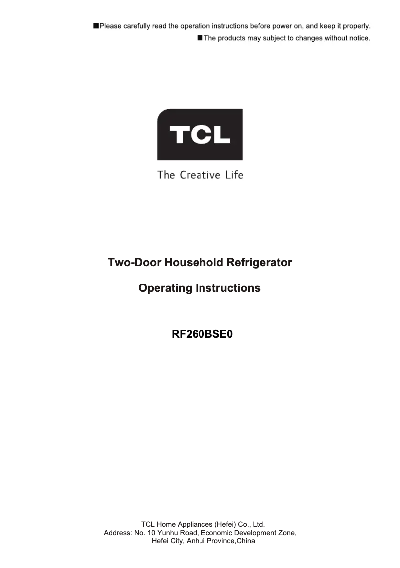 Page n°1 - Manuel utilisateur TCL RF260BSE0