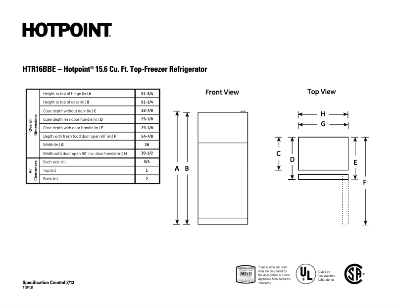 Page 1 de la notice Fiche technique Hotpoint HTR16BBELCC