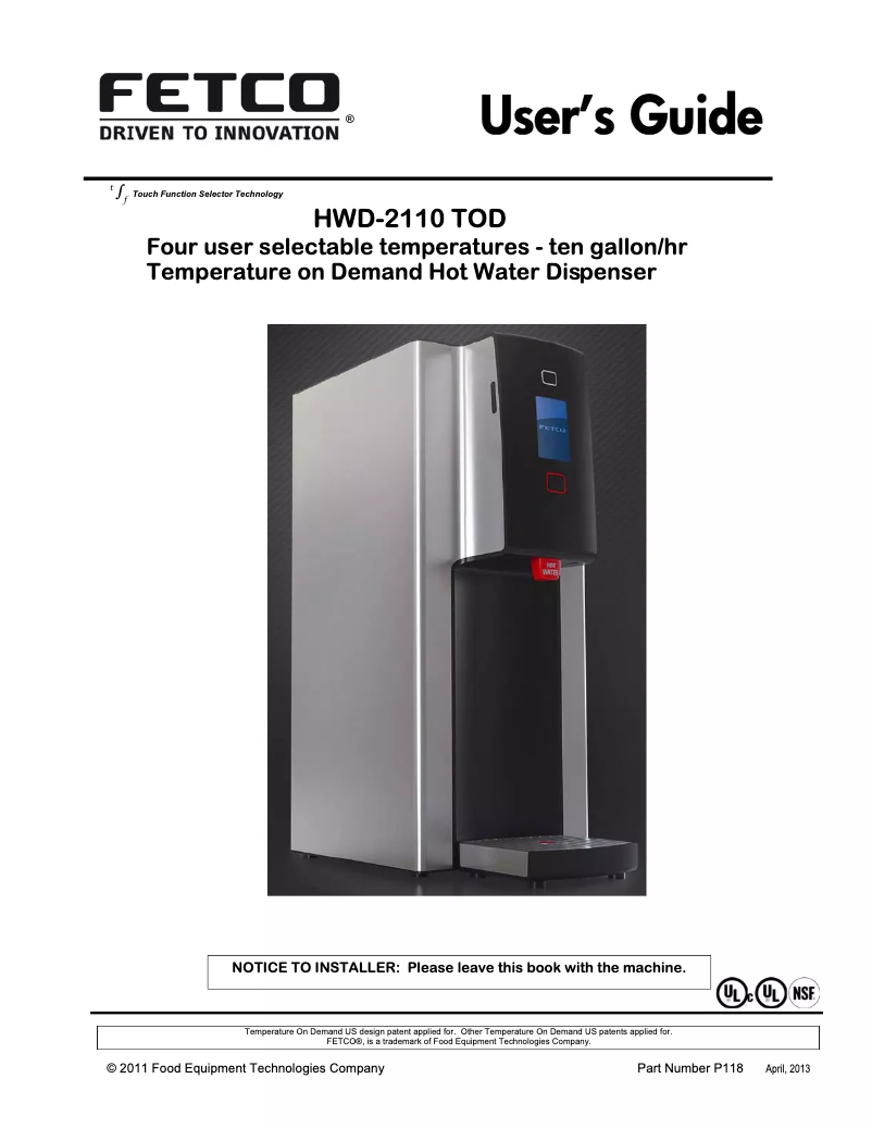 Page 1 de la notice Manuel utilisateur Fetco HWD-2110 TOD