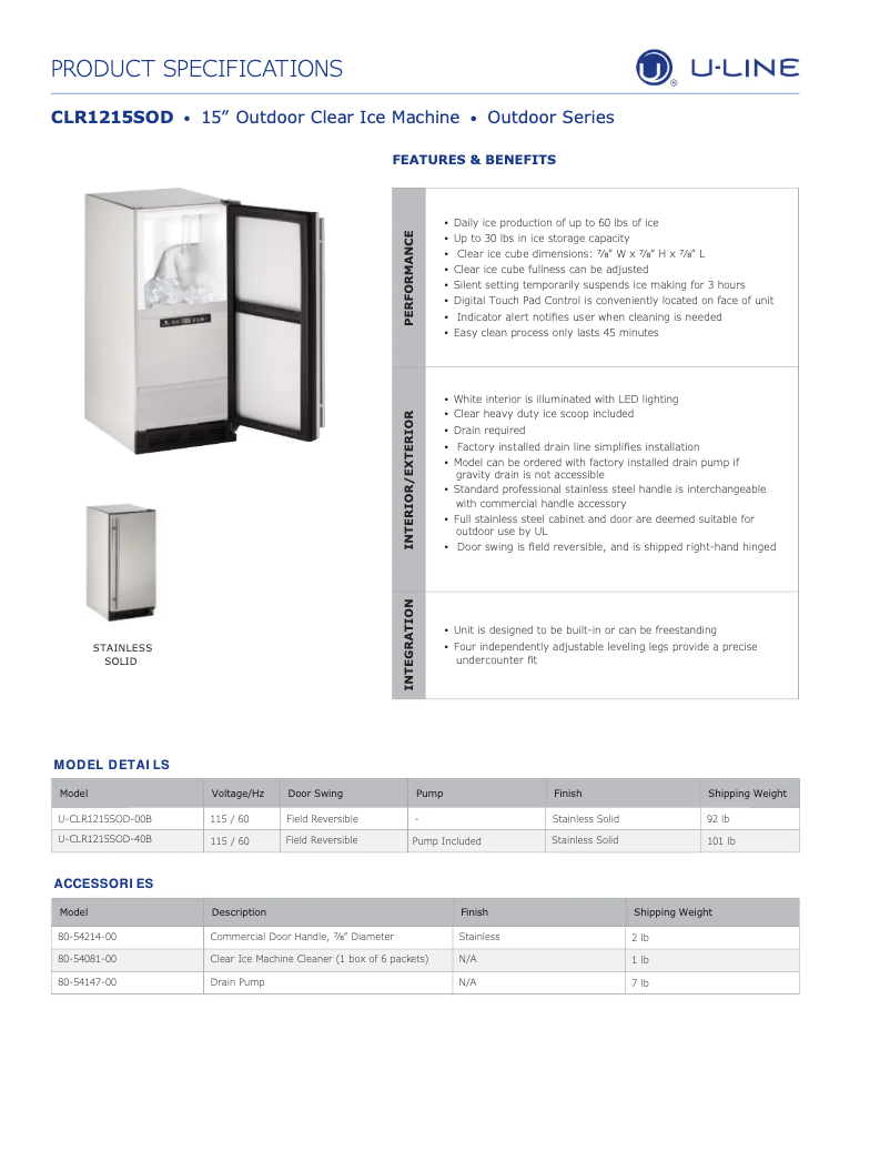 Page 1 de la notice Fiche technique U-Line U-CLR1215OD40B